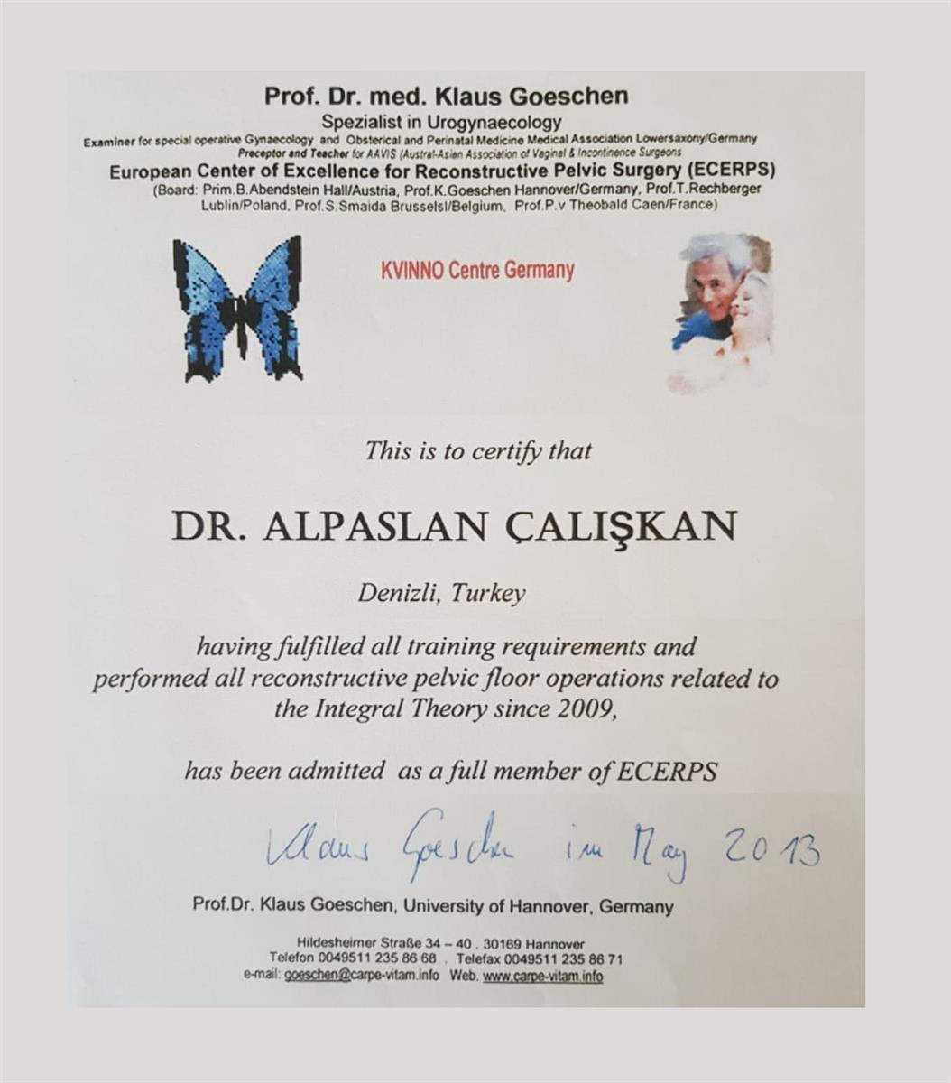 ECERPS (European Center of Excellence for Reconstructive Pelvic Surgery) Certificate - Dr. Alpaslan Caliskan Clinic