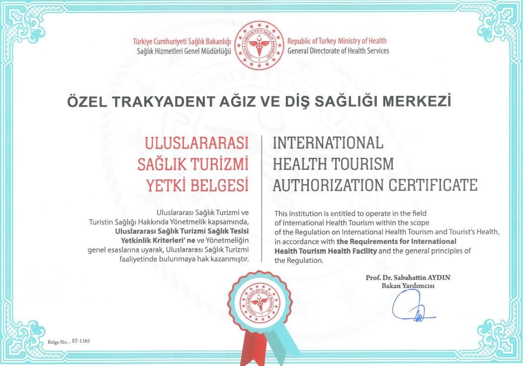 TrakyaDent Health Tourism Certificate - TrakyaDent Dental Health Center