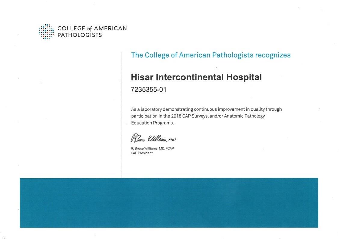Hisar College of American Pathologists Certificate - Hisar Intercontinental Hospital